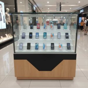 珠宝柜、玻璃柜展示产品电话展示柜滑动玻璃门木质框架，黑色顶部