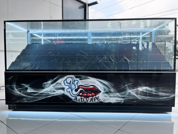珠宝柜、玻璃柜展示产品电话展示柜黑色滑动玻璃门