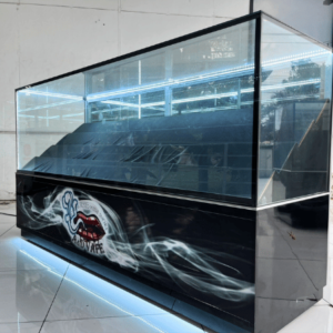 珠宝柜、玻璃柜展示产品电话展示柜黑色滑动玻璃门