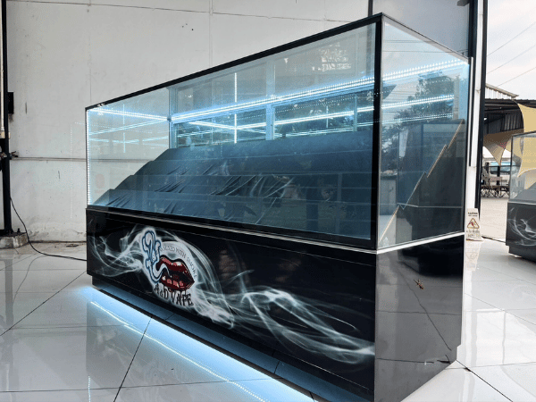 珠宝柜、玻璃柜展示产品电话展示柜黑色滑动玻璃门