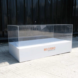 透明亚克力产品展示架，白色木框，宽水平。