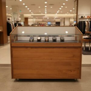 玻璃展示柜,2 个抽屉,柚木,棕色