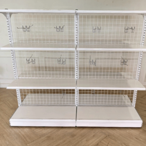 产品货架，2面，8层货架，白色钢架。