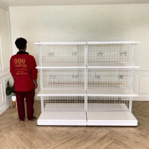 产品货架，2面，8层货架，白色钢架。