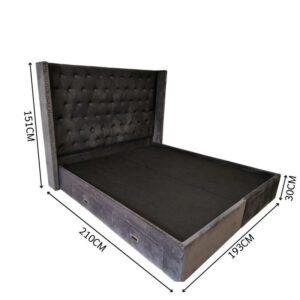 灰色天鹅绒 Chesterfield 床架，配四个储物抽屉