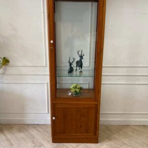 柚木展示柜，配有一扇玻璃门和一扇木门