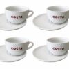白色陶瓷咖啡杯套装，带把手和碟子，Costa Coffee品牌。