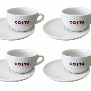 白色陶瓷咖啡杯套装，带把手和碟子，Costa Coffee品牌。