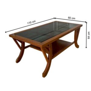 木质咖啡桌，弧形桌腿，玻璃桌面。 - 尺寸：110 x 60 x 46 厘米 （宽 x 深 x 高，单位：厘米） * 如图所示，存在一些细微瑕疵；不影响使用。