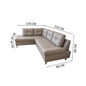 四人座 L 型沙发，灰色皮革软垫，钢制沙发腿，Index 品牌，Ovira 型号。