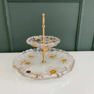 欧式双层玻璃甜点水果架，饰以花卉图案和金边。