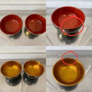 一套日式塑料汤碗，颜色有黑色、红色和黑/金色，饰有大理石纹和手绘鸟类图案。