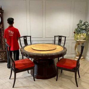 木制餐桌，大理石台面，复古风格，130 厘米