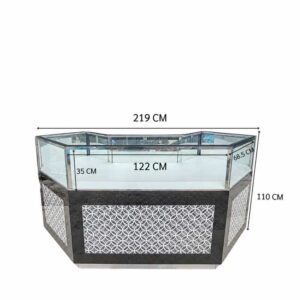 黑色玻璃展示柜，配有3扇铰链门、3个抽屉及3个储物格。