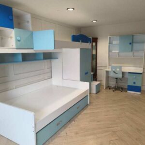 Blue Sky 蓝白色儿童卧室组合家具——双层床（带床底收纳）、衣柜、收纳楼梯、学习桌及椅子