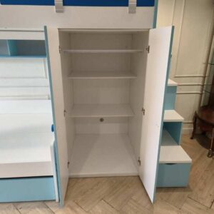 Blue Sky 蓝白色儿童卧室组合家具——双层床（带床底收纳）、衣柜、收纳楼梯、学习桌及椅子