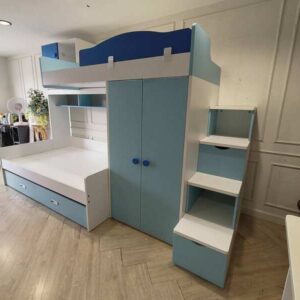 Blue Sky 蓝白色儿童卧室组合家具——双层床（带床底收纳）、衣柜、收纳楼梯、学习桌及椅子
