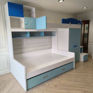 Blue Sky 蓝白色儿童卧室组合家具——双层床（带床底收纳）、衣柜、收纳楼梯、学习桌及椅子