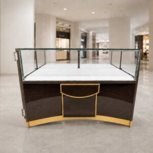 棕色玻璃展示柜，配有2扇柜门、2个抽屉和3个储物格。